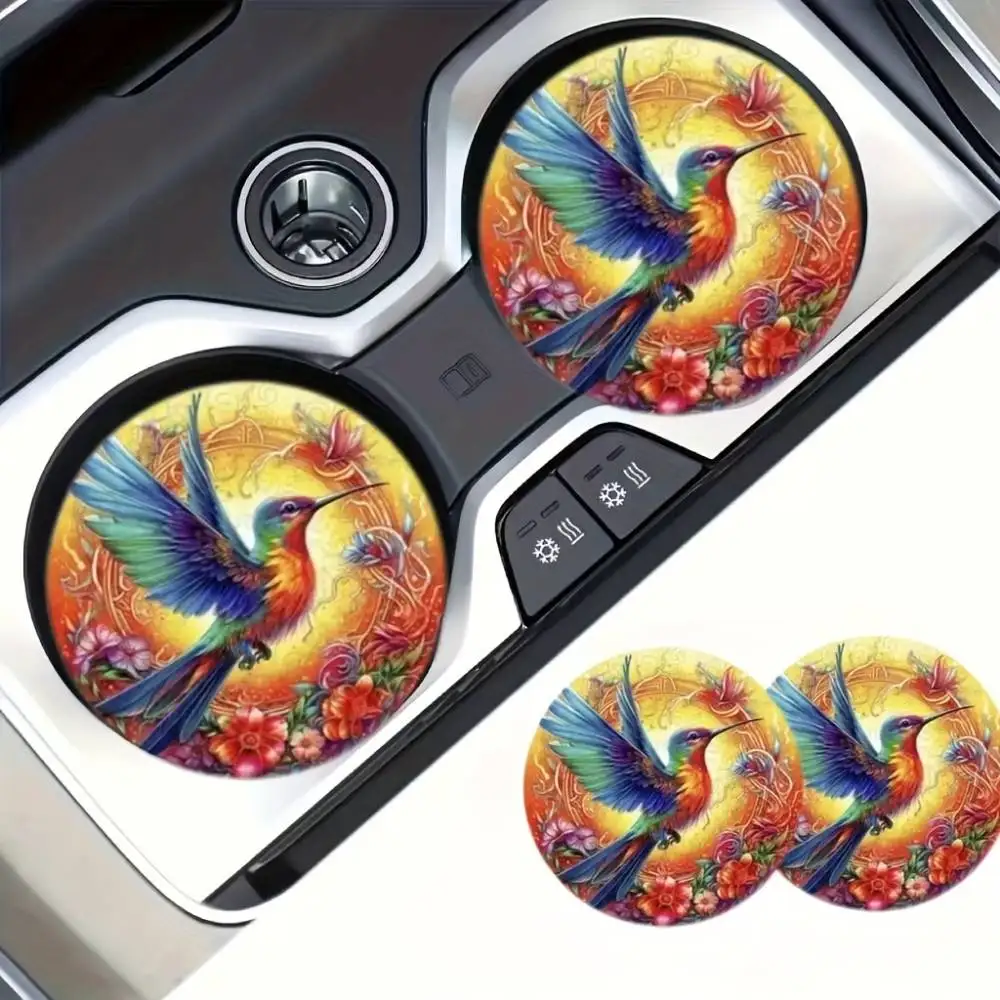 Vibrant Hummingbird Car Coasters 2pcs Easy Clean Vehicle & Home Decor Great Gift Idea
