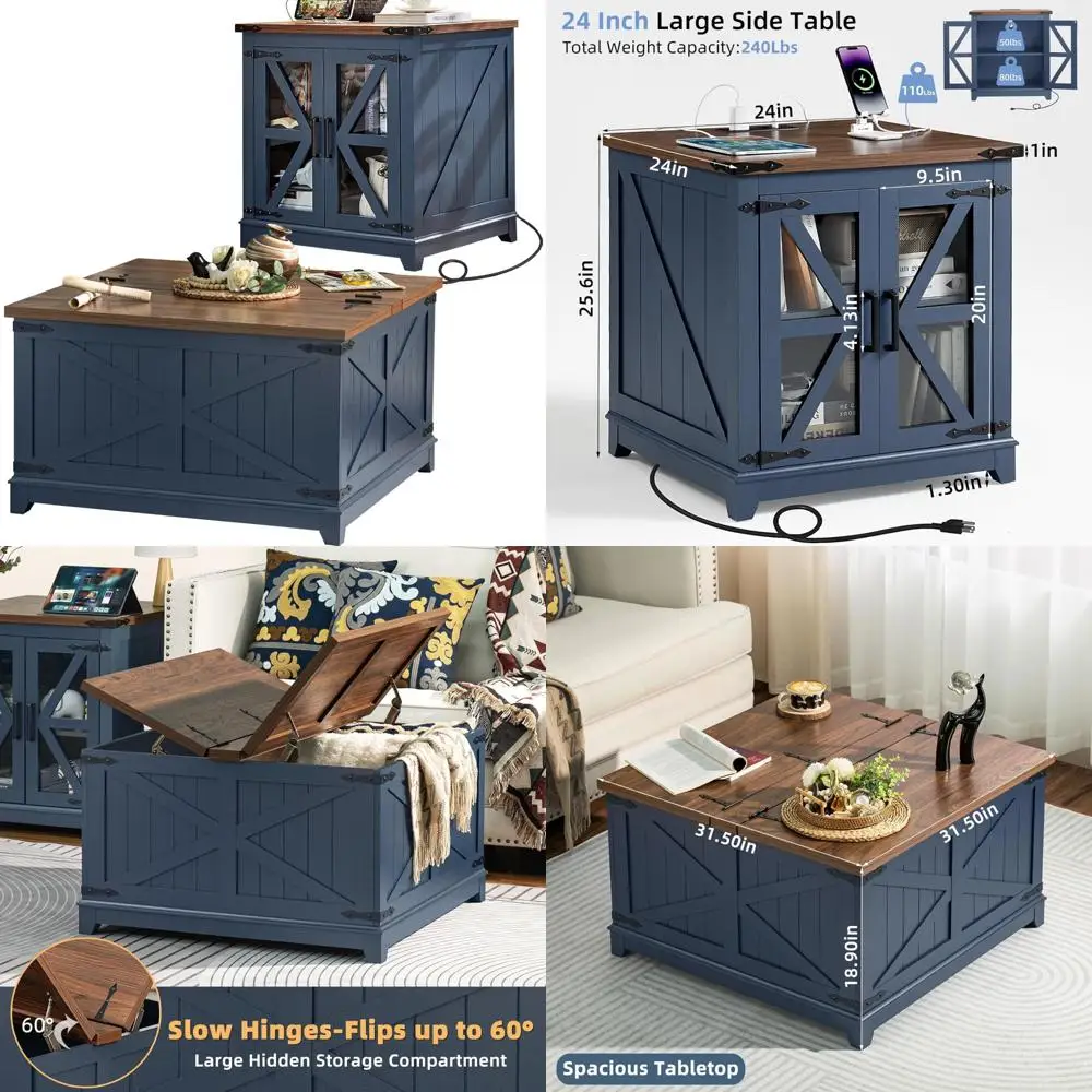 

2-Piece Farmhouse Coffee and Side Table Set with Charging Station and Hidden Storage