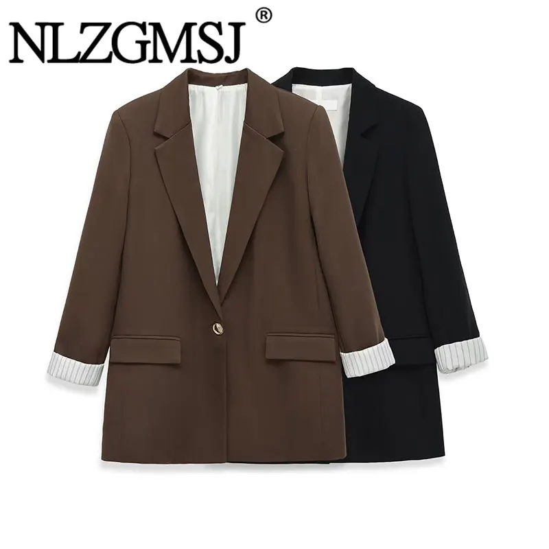 NLZGMSJ 2026 Spring Thin Women Loose Blazer Roll-Up Long Sleeve Open Front Office Suit Jacket Female Coat OL Y2K