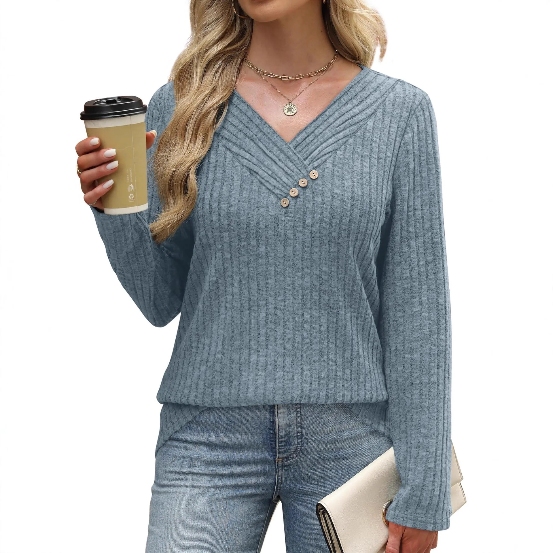 Y2K سترة نسائية محبوكة برقبة على شكل حرف v أنيقة غير رسمية متعددة الاستخدامات للخريف والشتاء تي شيرت فضفاض بأكمام طويلة وأزرار