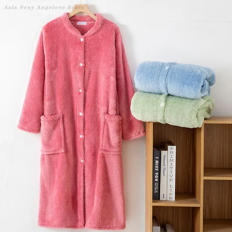 

Autumn Winter Thicken Nightgown Warm Bathrobe Sleepwear Long Sleeved Nightdress Loose Casual Couple Flannel Home Wear Lingerie