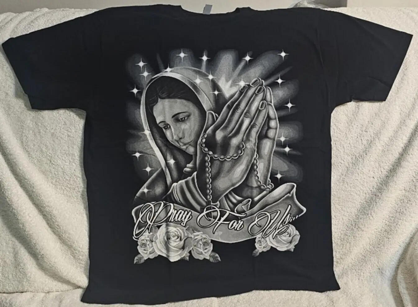 OUR LADY OF GUADALUPE CROSS NECKLACE PRAY FOR US FLOWER ROSE STAR T-SHIRT