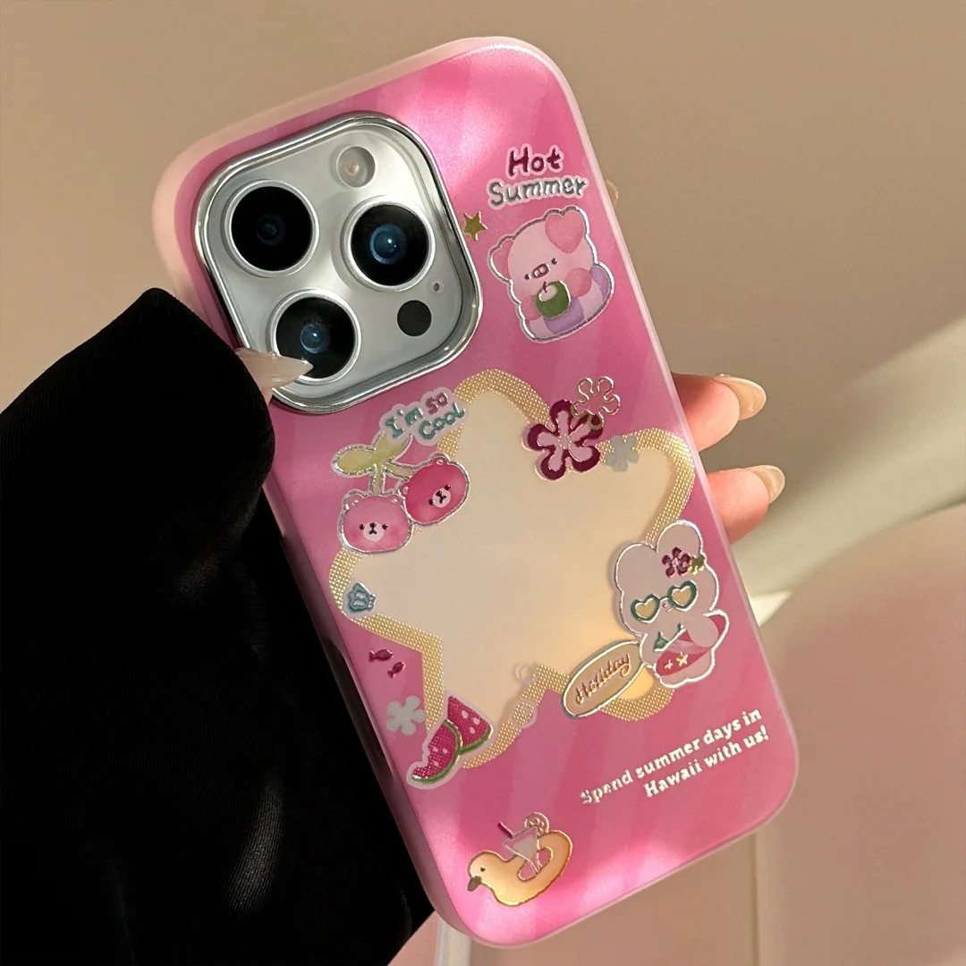 

Korean lns summer Pink Rabbit Cartoon Flower Bear Happy Summer Phone Case for iPhone 16 15 14 13 Pro Max 12 Back Cover Funda﻿﻿