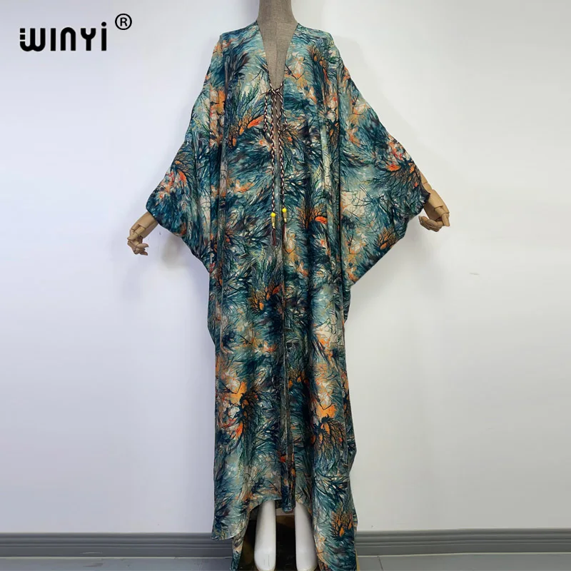 WINYI 2022 Summer Fashion Printing Beach Wear Swim Suit Elegant Africa Women Boho Cardigan Sexy Holiday Long Dress Sleeve Kimono