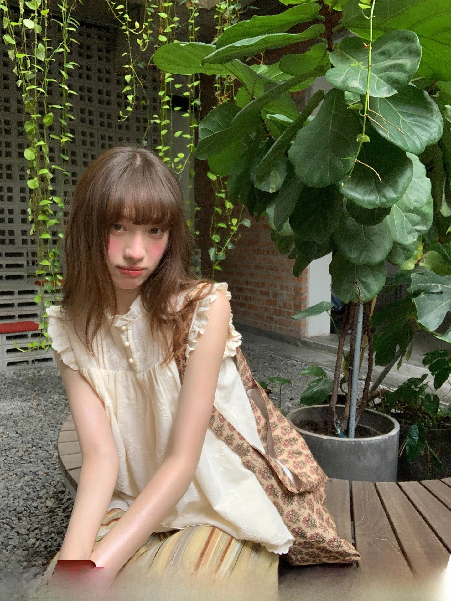 

Summer Healing Feelings! Embroidered Shirt with Wood Grain Collar Sweet Style Loose Fit Cotton 100% No Sleeve Women's Ca...