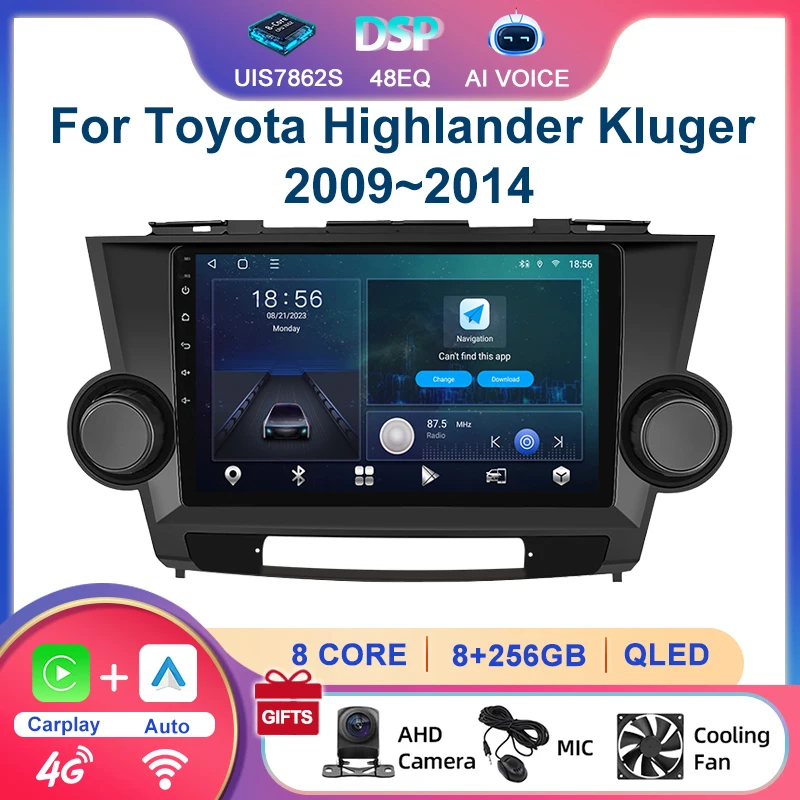 9'' BT Carplay Android Auto Car Gps Navigation Multimedia Stereo Touch Screen Radio Player For Toyota Highlander Kluger 2009~14