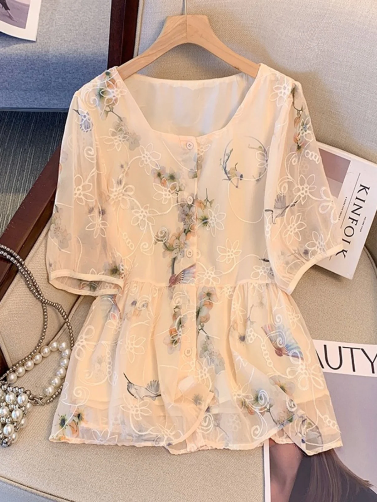 

Floral Print Square Collar Short Sleeve Shirt Women's plus Size Slimming Top Korean Style Casual Fashion Summer 2026