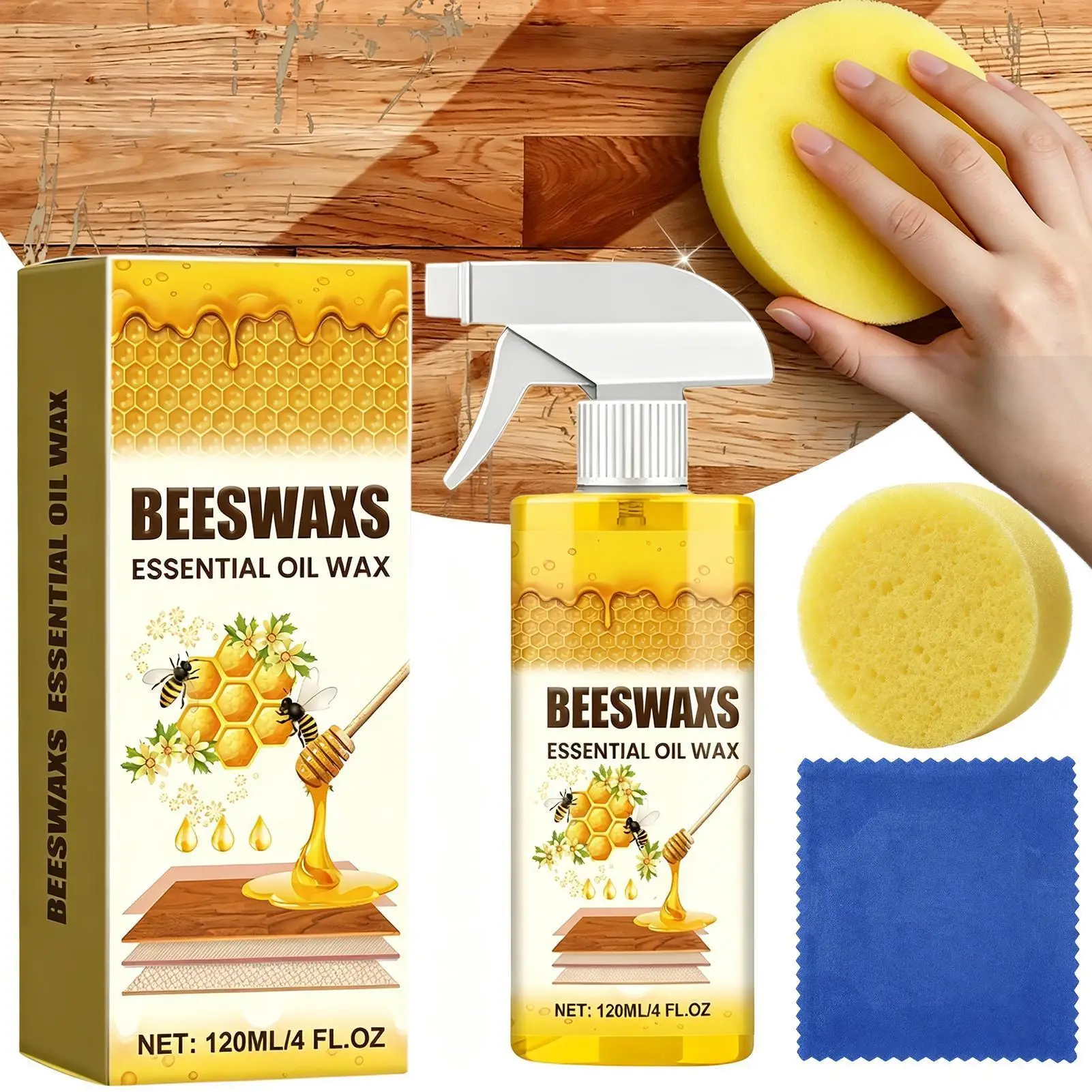 120ml Restaurierungs-Spray Holzreiniger-Spray Bienenwachs Holzpolitur-Spray Möbel-Kratzer-Reparatur Bodenpflege-Wachs mit Schwamm