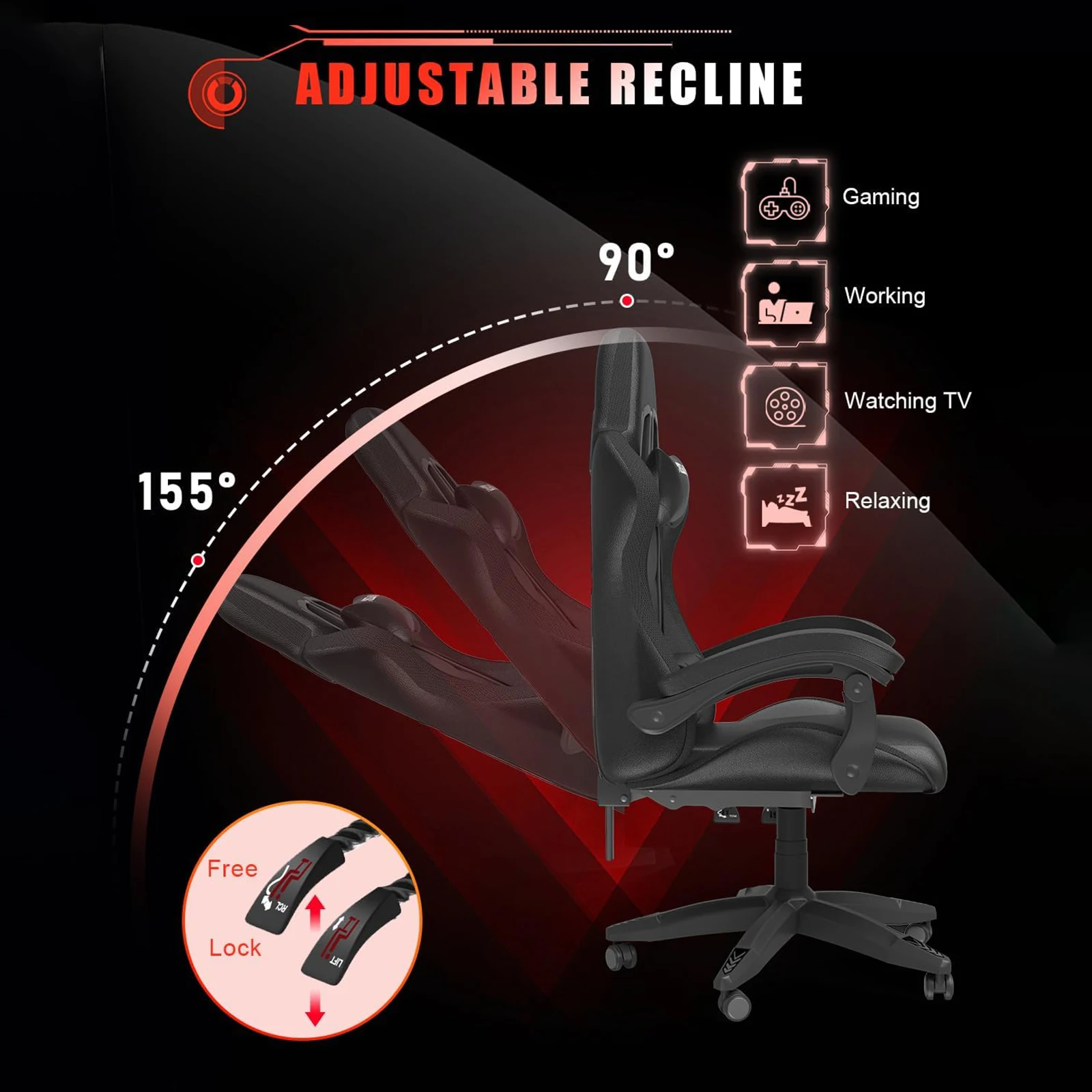 Krzesło do gier RGB Oświetlenie LED Ergonomiczne krzesło do pracy na komputerze Rozkładane PU skórzane krzesło biurowe z wysokim oparciem wideo