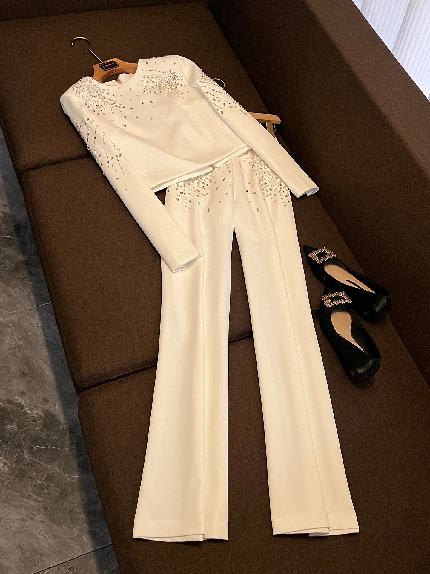 Elegant Beaded Suit Set Women's High Waist Wide Leg Pants Two Piece Set Luxury Feel Spring Autumn Fashion Ensemble