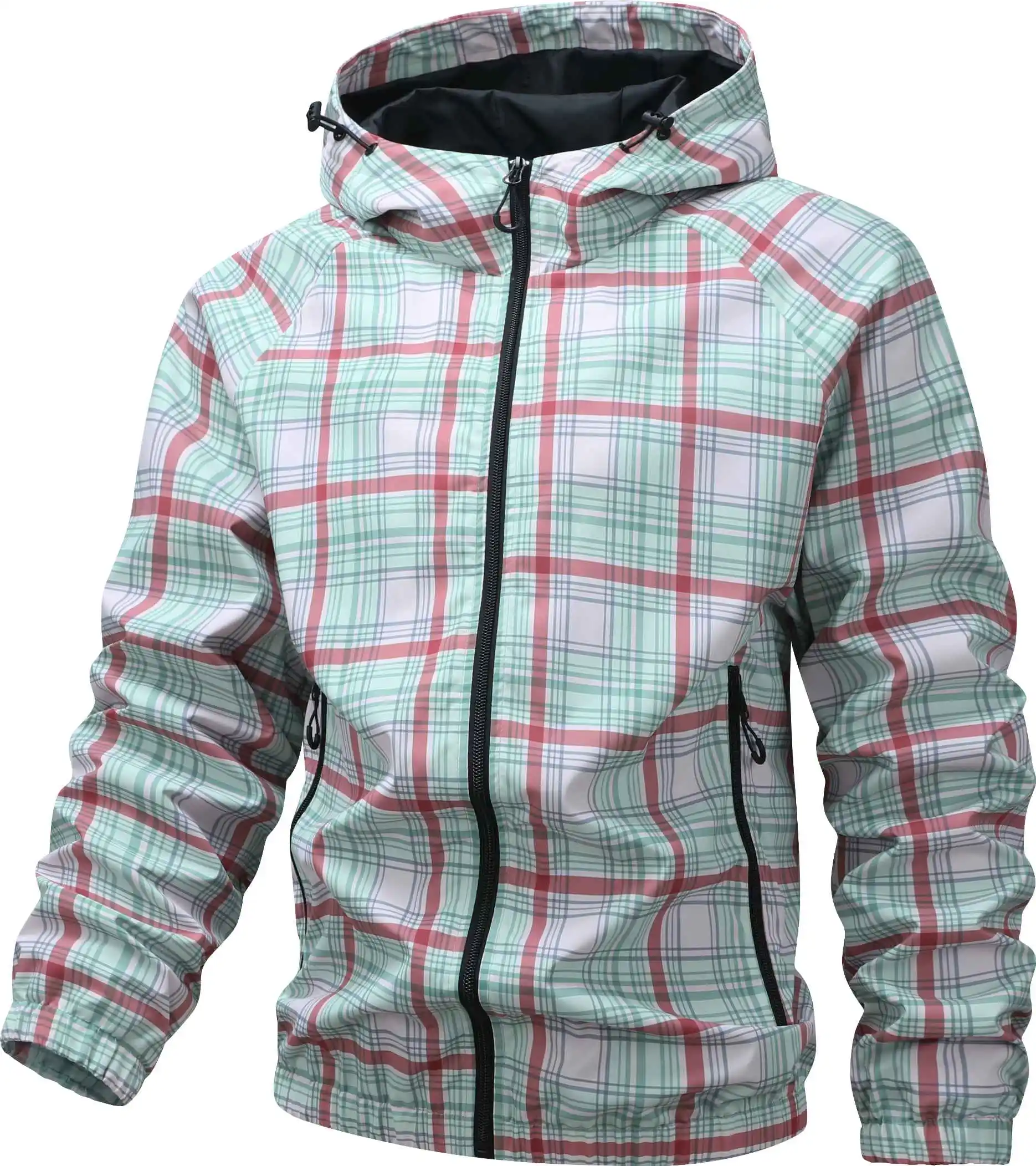 New Men Plaid Hooded Outerwear, Classic Plaid Print Design, Zipper Placket With Zipper Side Pockets, Adjustable Drawstring Hood, Windproof Fabric, Loose Fit, Casual Top For Outdoor And Daily Commute