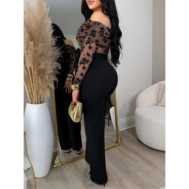 Slergiri Elegant Floral Off Shoulder Belted Jumpsuit Women New High Waist Long Sleeve Office Ladies Party Straight Leg Pants