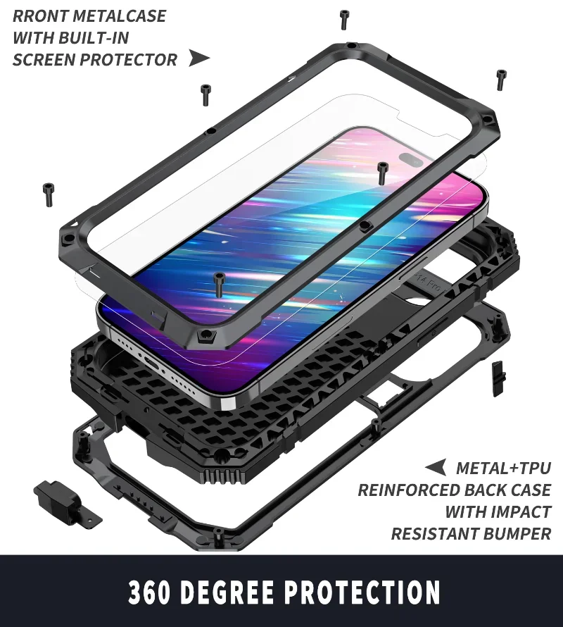 Luxury Rugged Armor 360 Full Phone Case For iPhone 16 15 14 Pro Max Plus 13 12 11 Metal Aluminum Shockproof Cover