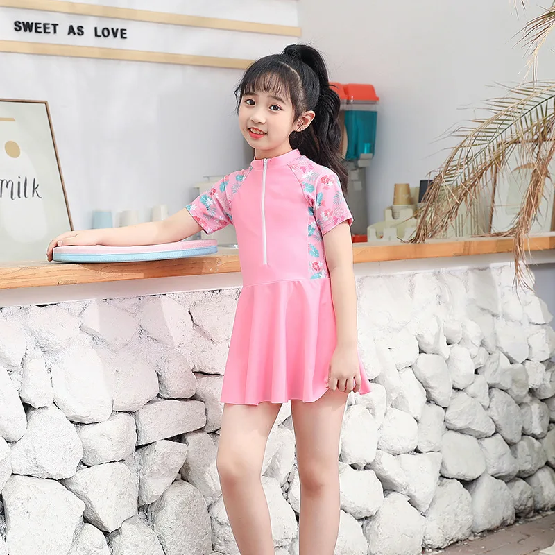 Fashion Harajuku Cute Girls Swimsuit Short Sleeve Dress Conservative Baby Kids Swimwear Sweet Kawaii Print Children's Clothes