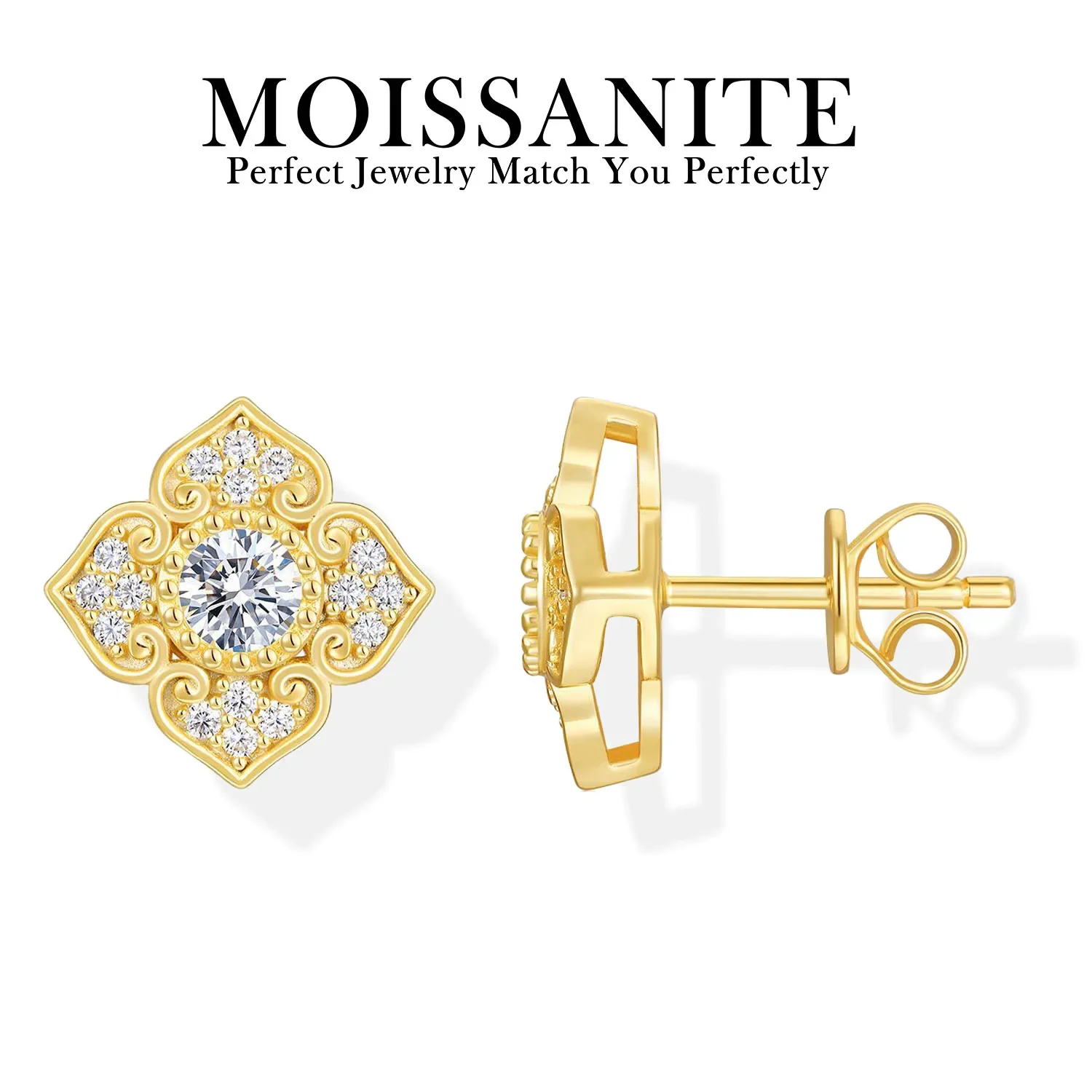 

0.856CTW Vintage Floral Moissanite Earrings 925 Silver 18K Gold Plated Stud for Women Elegant Jewelry Gift for Daily Wear