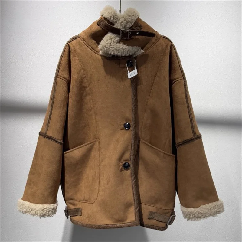 

Женское меховое пальто 2025 Новая зимняя женская куртка из искусственной замши с воротником-стойкой Встроенное меховое теплое толстое пальто женское пальто из искусственного меха