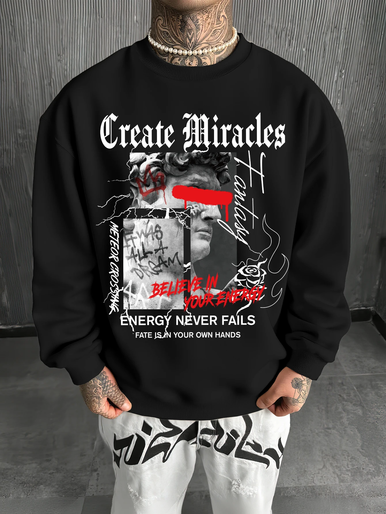 Men's Loose Crew Neck Sweatshirt Statue Figure Create Miracles Graphic Print Pullover Polyester Long Sleeve S‑2XL 1Pc
