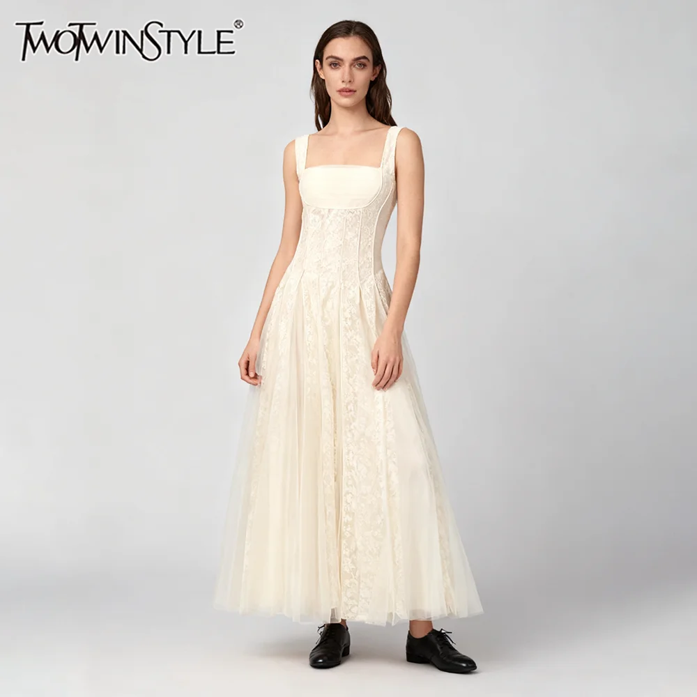 TWOTWINSTYLE Slimming Printing Elegant Long Dresses for Women Square Neck Sleeveless Tunic Patchwork Folds Dress Female Clothing
