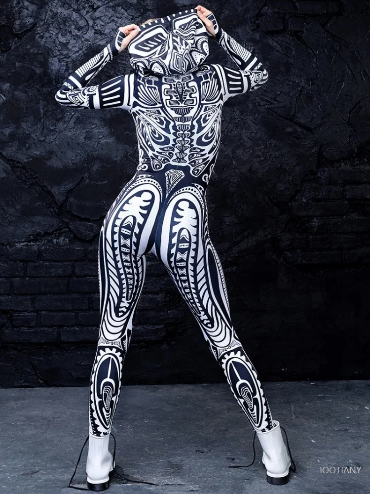 Halloween Role Play Big Evil God Black And White Tights Women's Costume Carnival Wizard Jumpsuit Dress Up Adult Vortex Tights