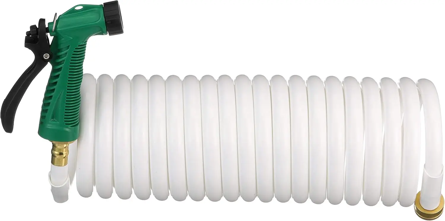 

Flexible 25ft Coiled Washdown Hose with Sprayer and Brass Fittings for Marine, RV, Garden Use