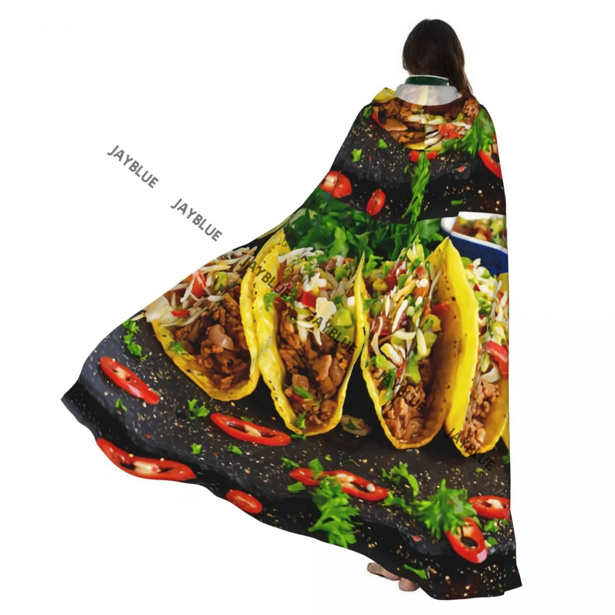Conchas de Taco de comida mexicana con capa con capucha de ternera, accesorio de disfraz de capa de bruja Unisex de poliéster