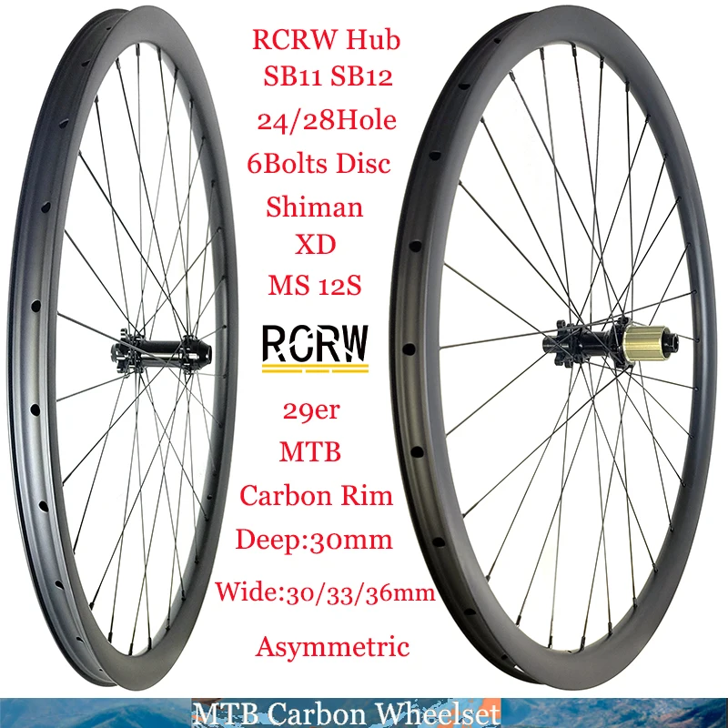 29er MTB XC AM Wheelset 30/33/36mm Wide Carbon Rim 30mm Deep Asymmetric 24/28Hole RCRW SB11 SB12 6 Bolt Hub Shima XD Microspline