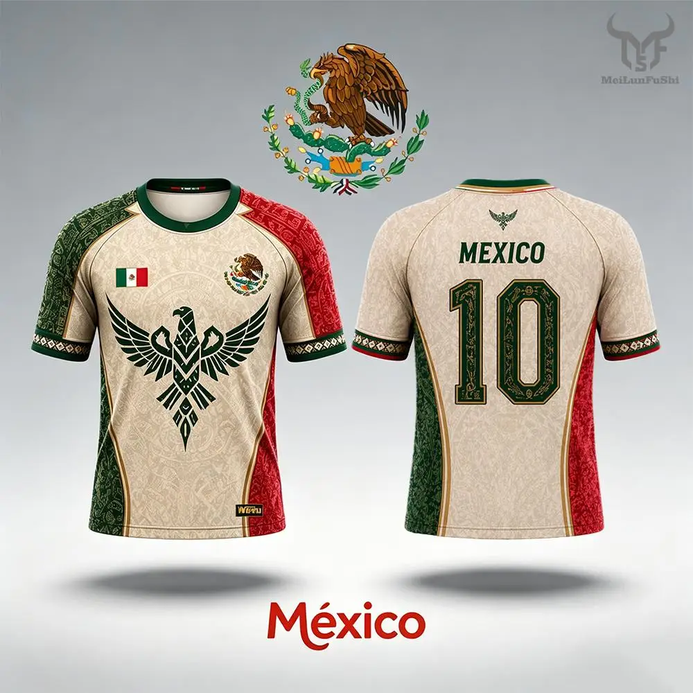 Men 2026 Mexican Flag Print Jersey Aztec Pattern Quick-Drying Breathable Soccer T-Shirt Unisex Casual Training Short-Sleeve Tee