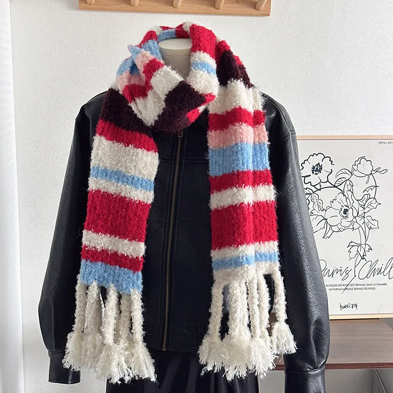 

Korean color-block long fringe scarf women's sweet & cool style thickened warm long shawl unique street fashion niche