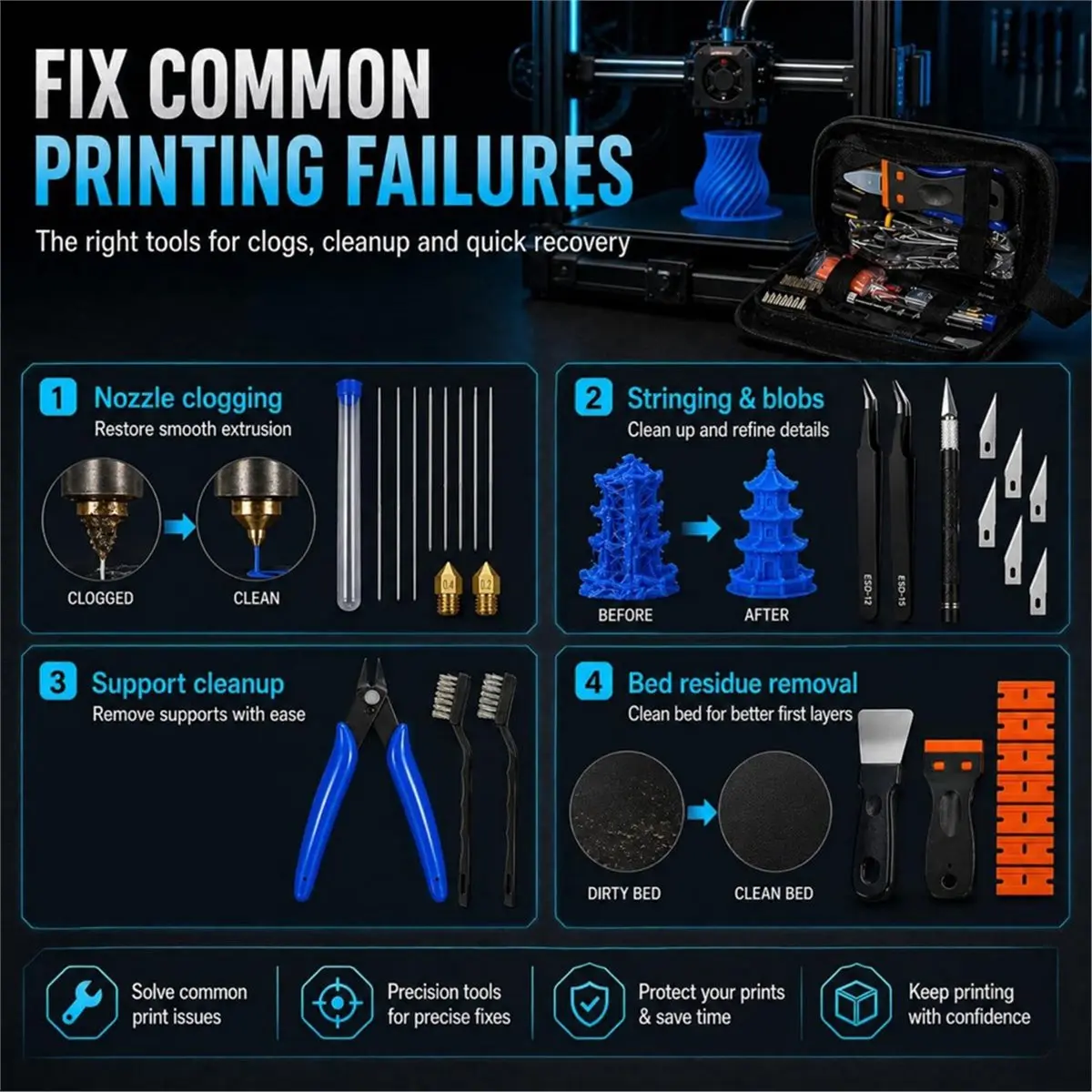 3D Printer Tool Kit Accessories - 58 Pieces to Solve 99%of Printing Problems Model Finish Removal -Suitable for Printers