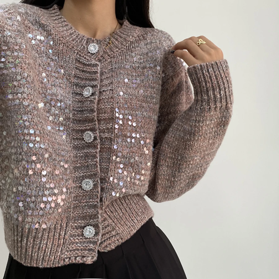 Autumn Winter Sweet Sequined Knit Cardigan Sweater High Quality Korean Fashion Streetwear Single Breasted Long Sleeve Top 2024