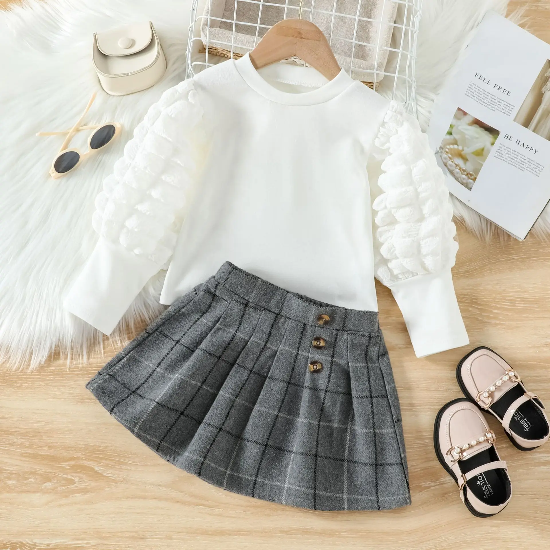 Autumn Girls Puff Sleeve Blouse T Shirt + Plaid Pleated Skirt 2 Pcs Suit Elegant Sets Kids Boutique Clothes Baby Girl Outfit Set