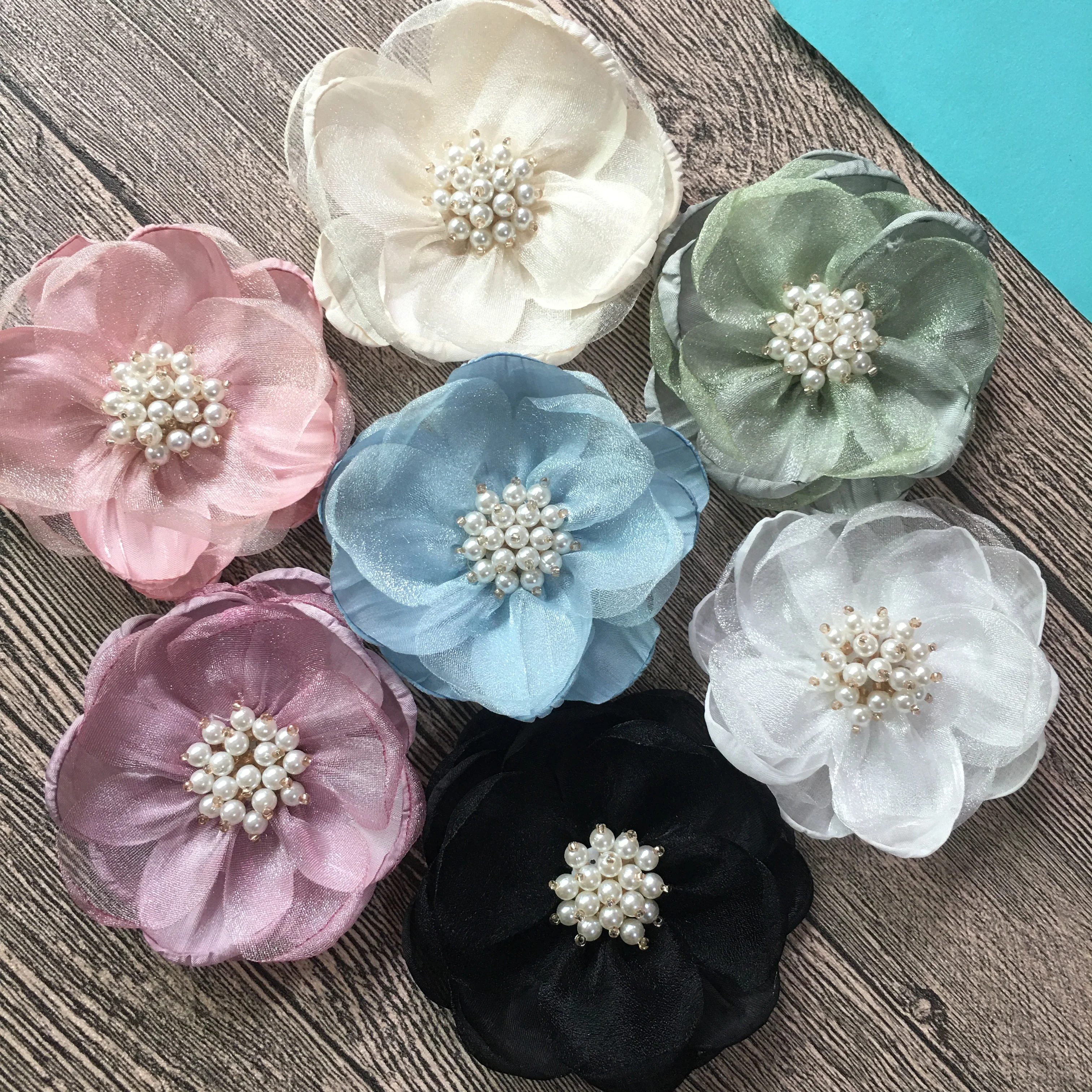 10Pcs/Lot 3.0Inch Burned Rose Rosette Flower With Pearl Center For DIY Accessories Brooches Hats Shoese Wedding Home Decoration