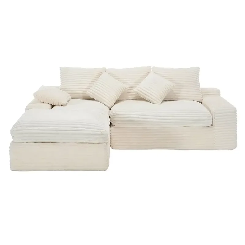 Modern Small L-Shaped Sectional Couch Fluffy Corduroy Cloud Couches Compression Boneless Sofa No Assembly Required