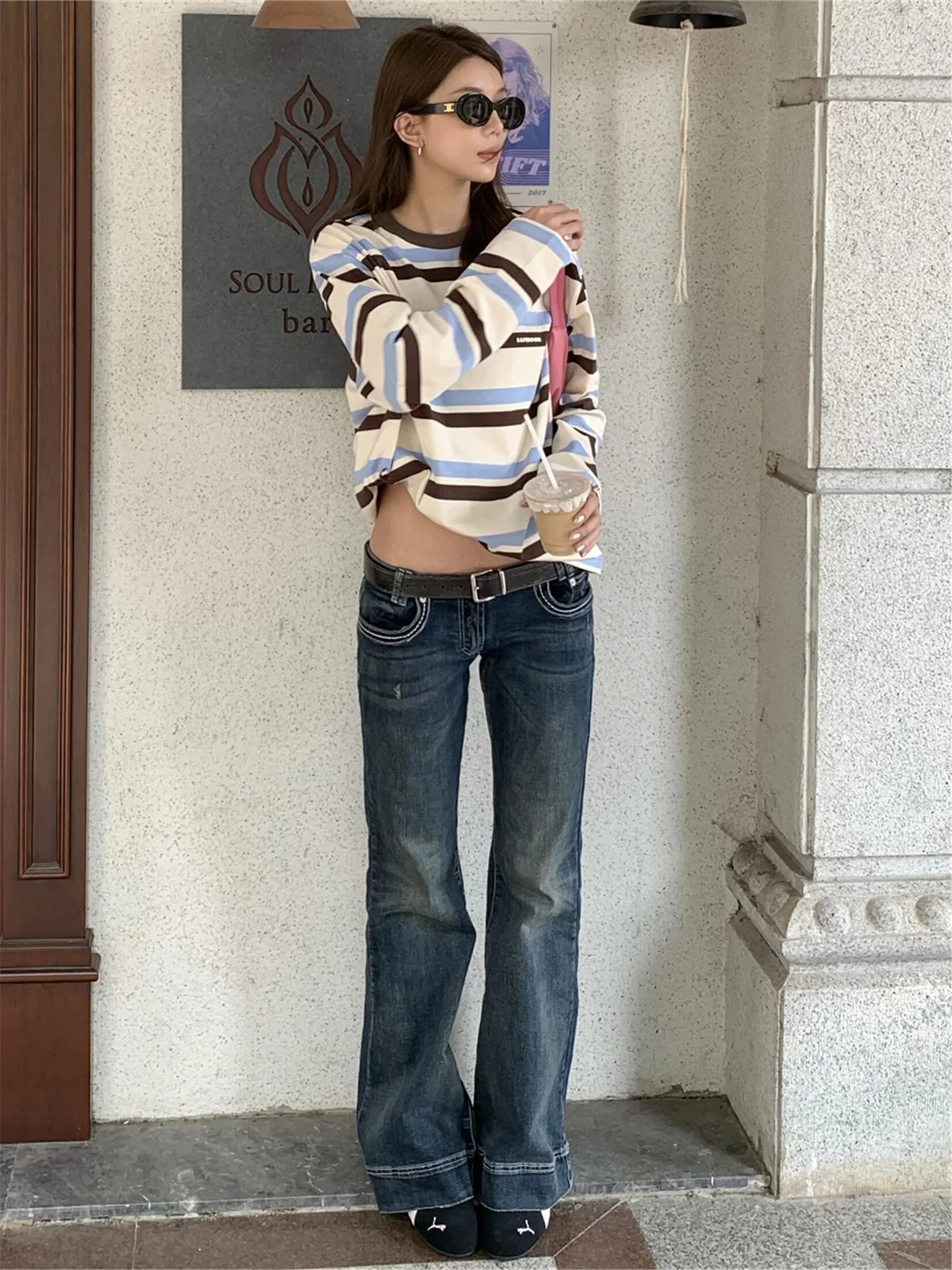 

American Street Style Low Waist Bell Bottom Jeans Women's Slimming Extended Casual Floor Length Pants Deep Blue Casual Jeans