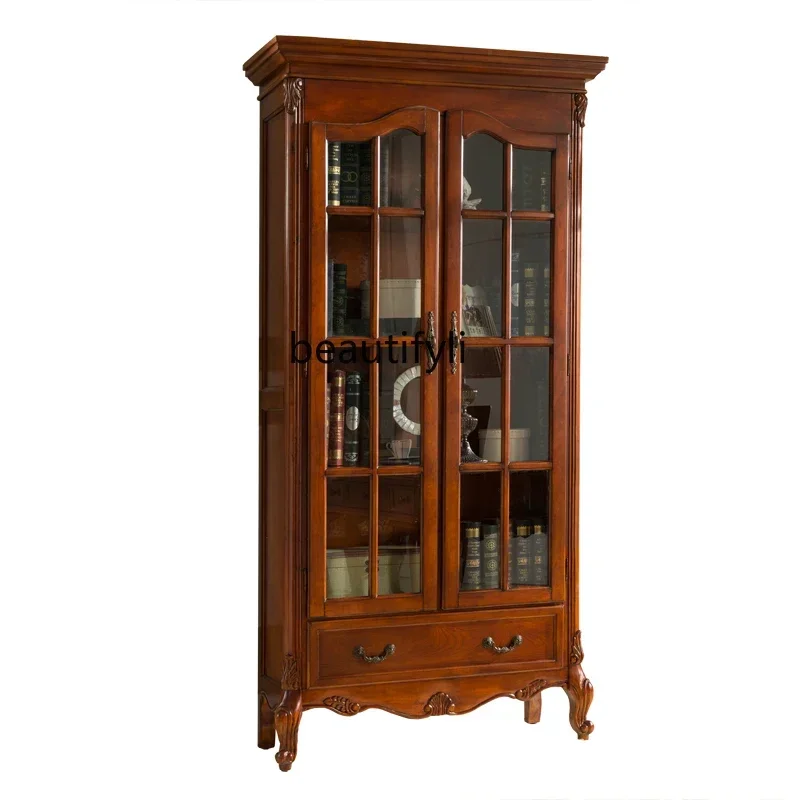 C85 American-Style Solid Wood Bookcase Multi-Layer Bookcase Floor Standing Storage Cabinet European-Style Two-Door Display Cabin