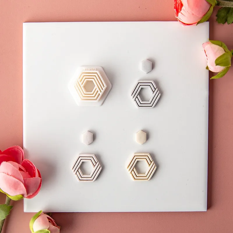 Creative Hexagon Polymer Clay Earring Molds Geometric Line Pattern Jewelry Pendant Cutters DIY Handcraft Tools for Making Unique