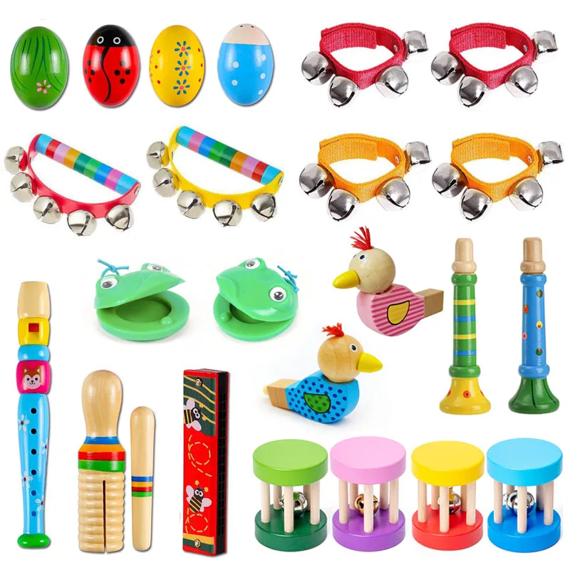 Instrumentos Musicales de Madera para Niños: Maracas, Castañuelas, Flauta, Campanas, Armónica, Trompeta – Ideales para Fiestas y Carnavales