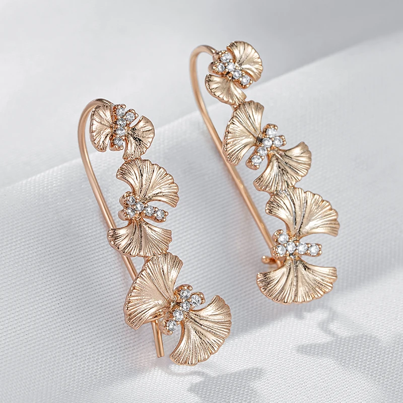 Kienl Vintage Crystal Flower Long Drop Earring for Women 585 Rose Gold Color Shiny Natural Zircon Accessories Daily Fine Jewelry