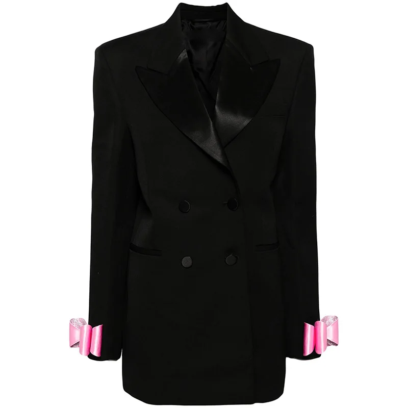 2024 European Celebrity Fashion New Double Breasted Dress Beading Bow Long Suit Jacket Blazer Office Lady Coat High Quality G630