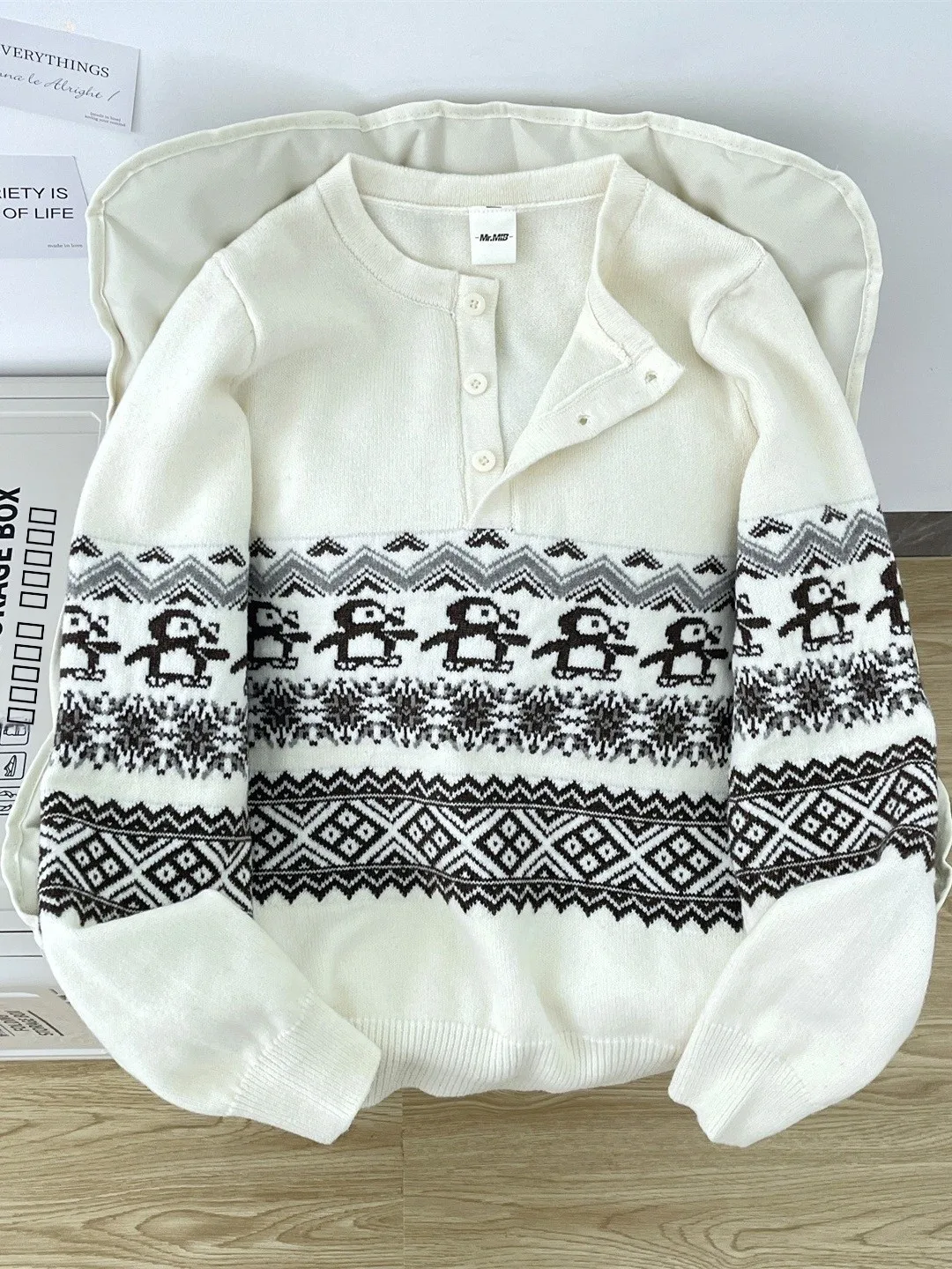 

Penguin Pattern f Button round Ne Knitted Sweater ex Winter Loose Sle Henry Collar Casual Warm Faionable Top