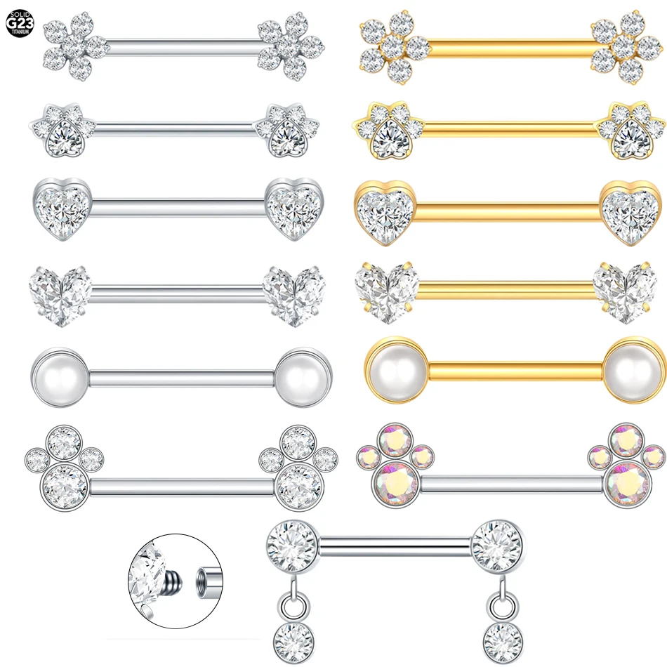 1Pc Titanium Nipple Barbell Piercing Zircon Nipple Ring with Pendant Bar Piercing Internally Threaded Women Body Accessaries