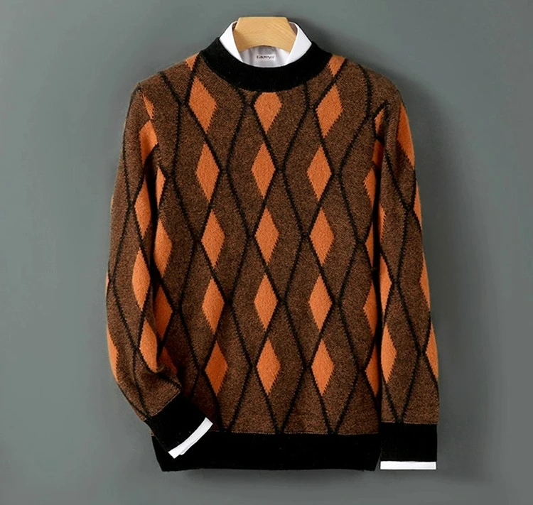 

100% pure wool crew neck thickened color matching pullover loose casual knitted cashmere bottoming shirt