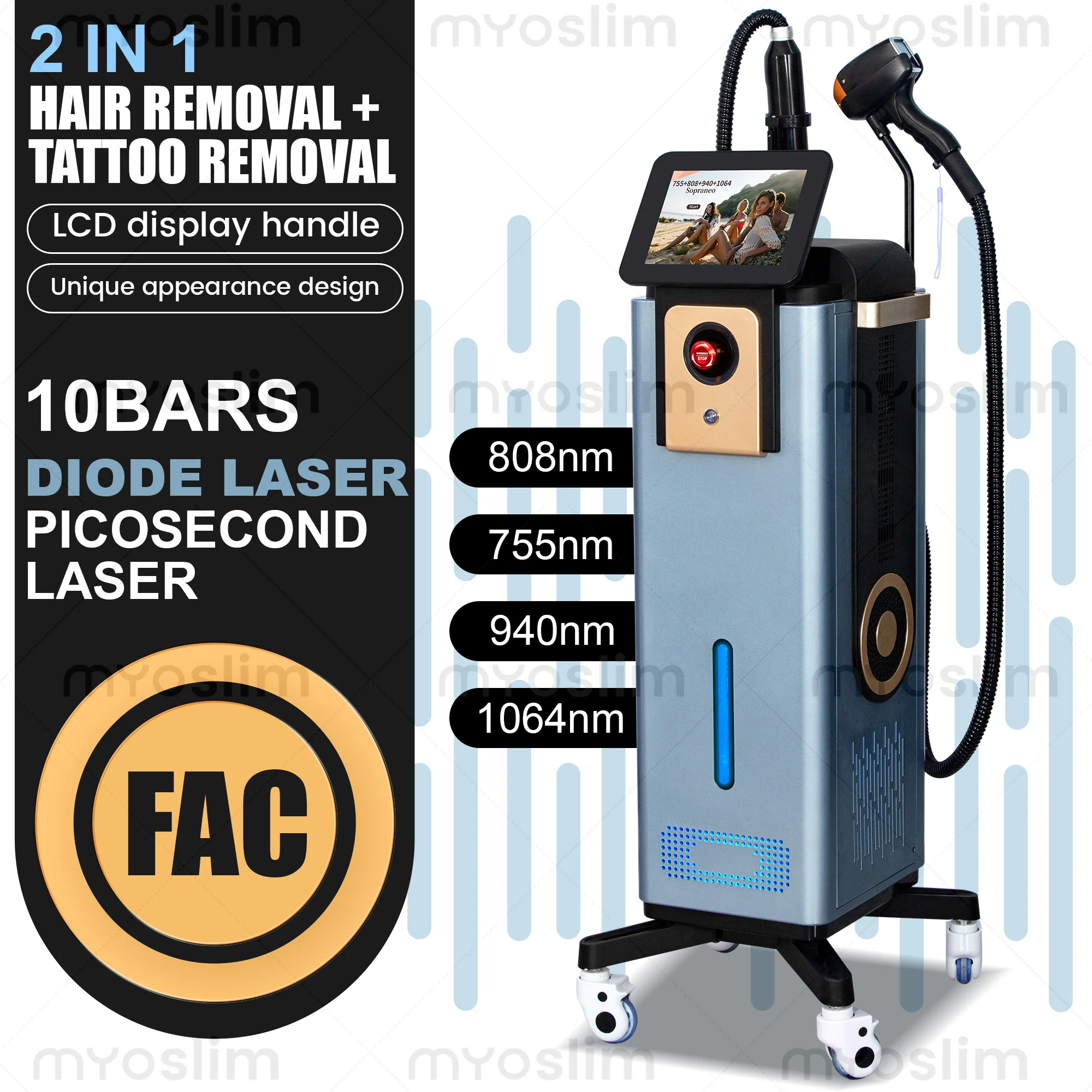 808 Diode Laser Hair Removal Machine High Energy 16Bars 3 Magnetic Heads Picosecond Laser Tattoo Remover Long Service Life Salon