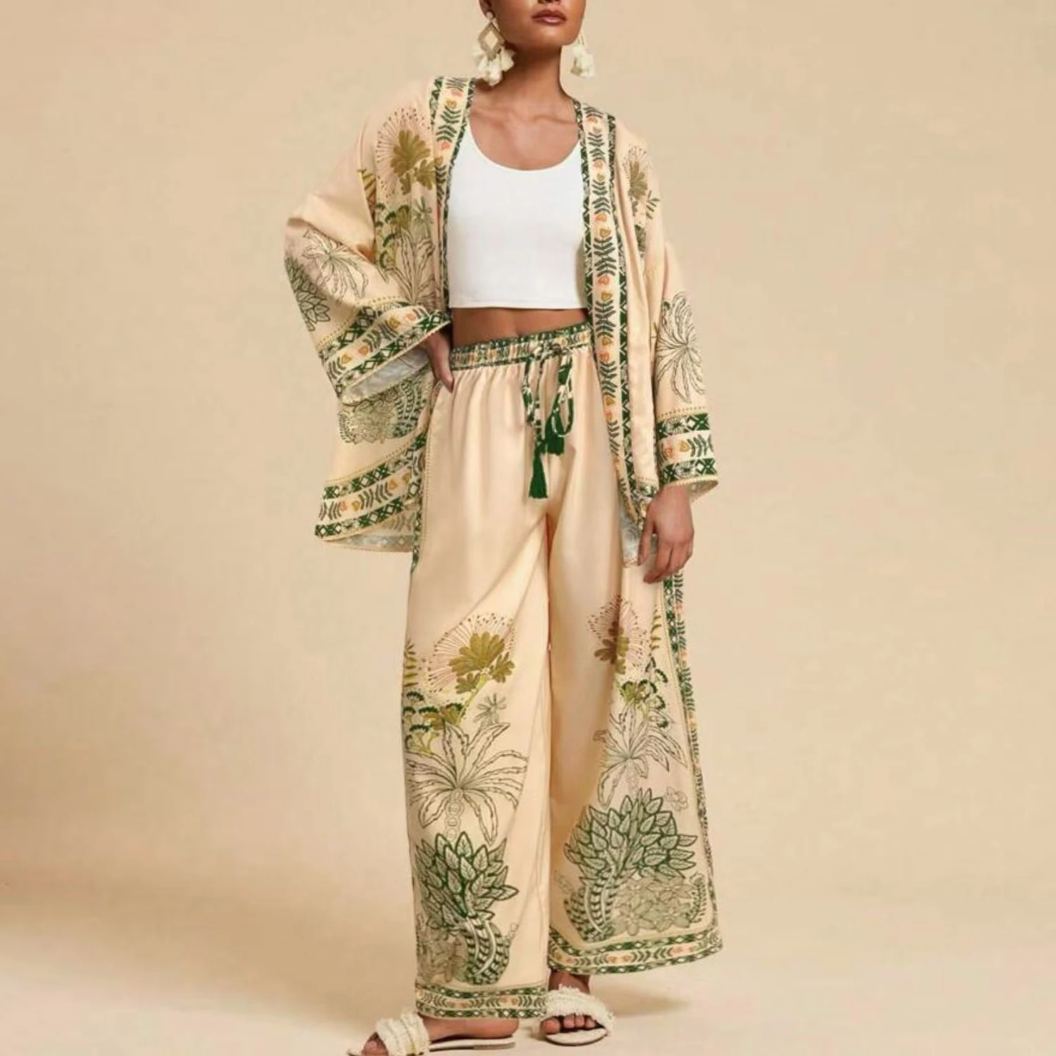 Women Cardigan Floral Print Fashion Casual Holiday Spring Summer Pant Suit