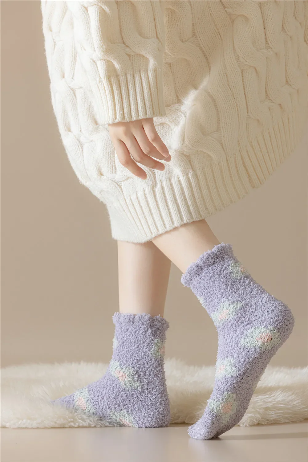 12pr No Lint Little Flower Coral Fleece Floor  2023 Autumn  Winter Thermal Home Wear Mid-Calf Sleeping Thickened Fleece-Lined