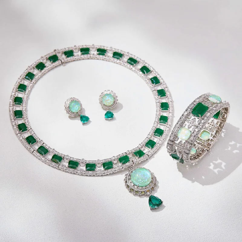 

Europe America Style Earrings Bracelet Necklace Women Lady Inlay Red Green Blue Cubic Zircon Colored Opal Party Jewelry Set
