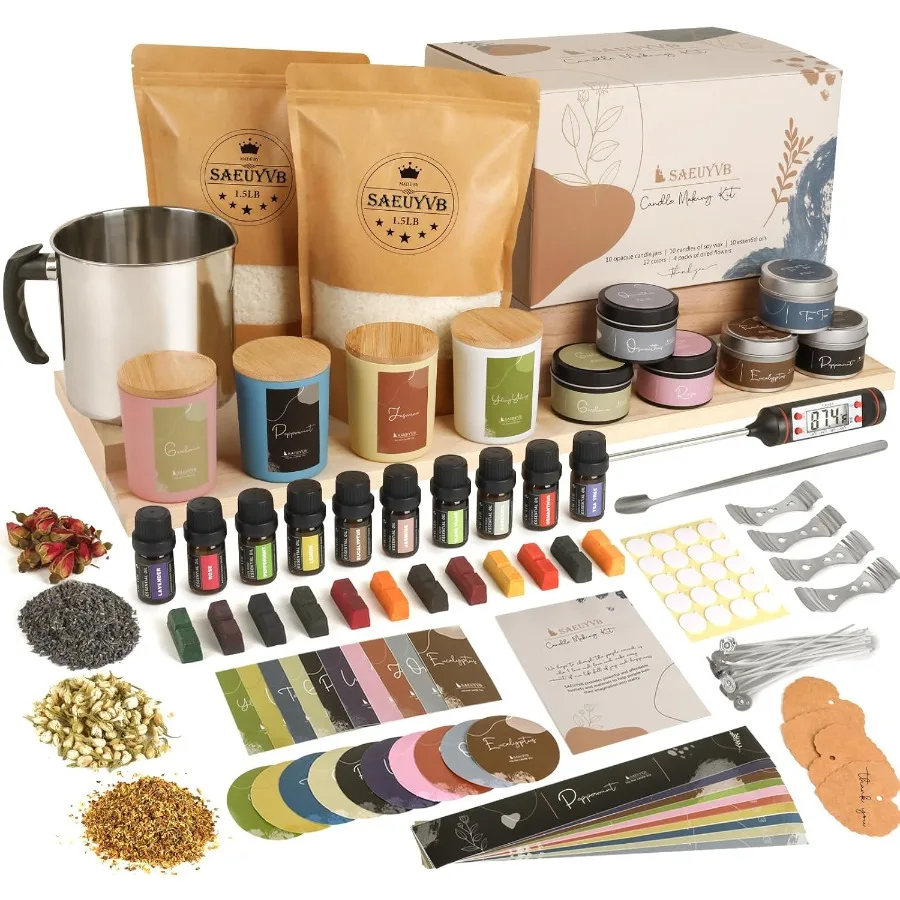 

Candle Making Kit DIY Starter Soy Candle Making Supplies Kit Soy Wax 10 Jars Tins 10 Pleasant Scents Color Dyes MorePerfect Can