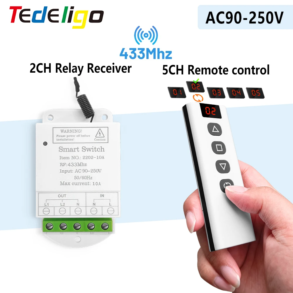 

433mhz Wireless Remote Control Switch 220V 2CH Relay Receiver and Controller for Led Roller Blinds Shutters Projector Screen