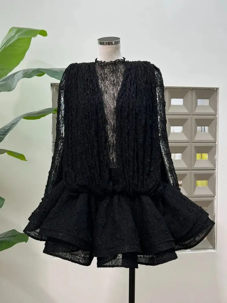 Chic Sheer สามชิ้นมินิเดรสผู้หญิงเซ็กซี่ O คอยาวแขนยาวกางเกงขาสั้นคนดังดูผ่านวันเกิดหรูหราชุด