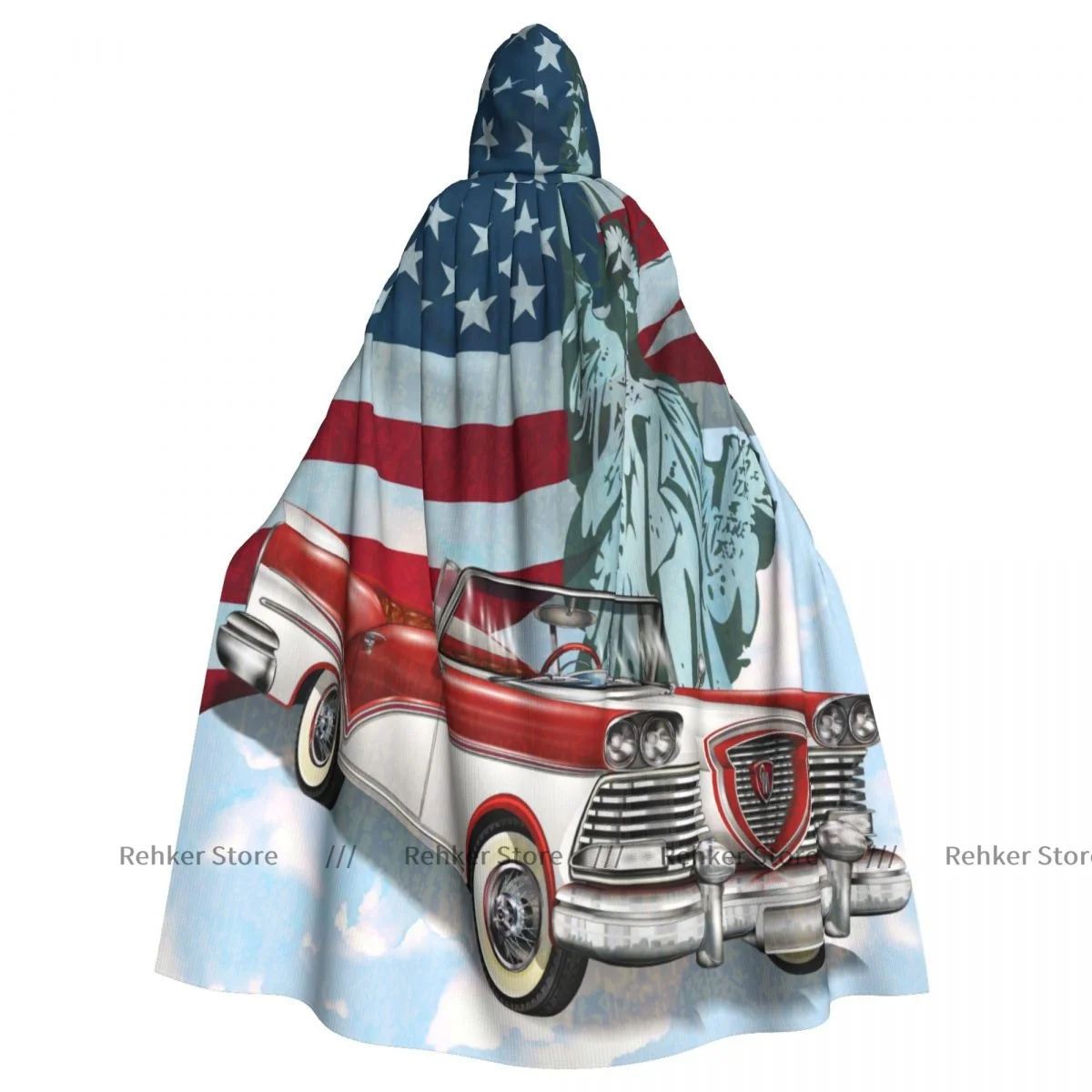 Adult Halloween Waving USA Flag And Retro Car Cloak Cape Hooded Medieval Costume Full Length Dress Coat